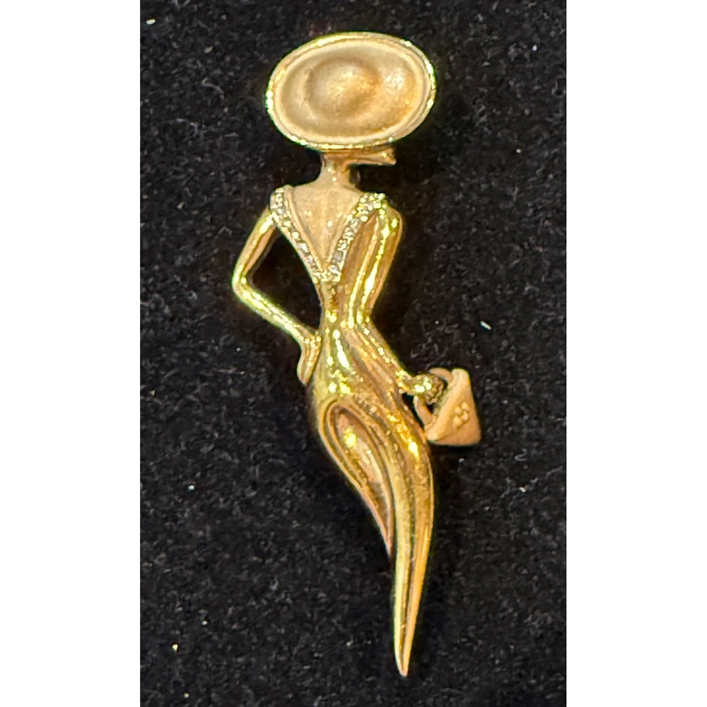 Vintage Lady Remington LR Gold Tone Lady in Hat Figural Brooch Rhinestone Pin